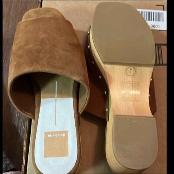 Dolce Vita Women's Dorado Open Toe Clogs Suede Leather Wood Heels Gold Hardware - Picture 10 of 14